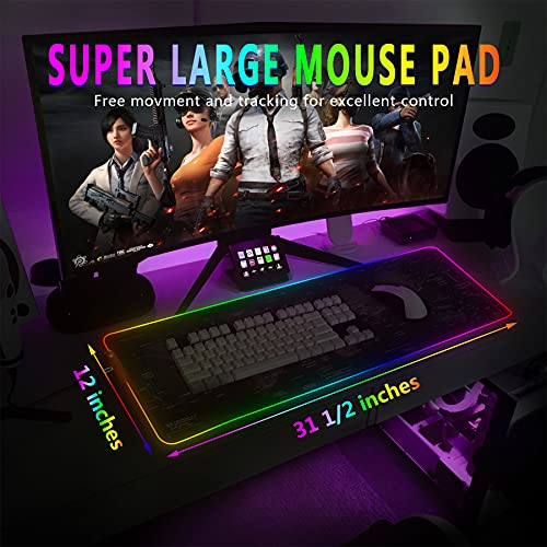 RGB Gaming Mouse Pad 31.5" x 12" – Large Extended LED Mouse Pad with 11 Lighting Modes, World Map Desk Mat, Waterproof Smooth Surface, Non-Slip Rubber Base, Great for Christmas & Holiday Gifts
