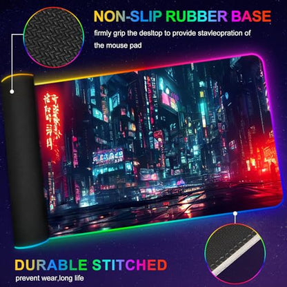 ARTSO RGB Gaming Mouse Pad Large, Extended Soft Led Mouse Pad with 14 Lighting Modes 2 Brightness, Water Resist Keyboard Pad, Computer Mousepads Mat 35.4x15.7inch, Night City - color: Night City