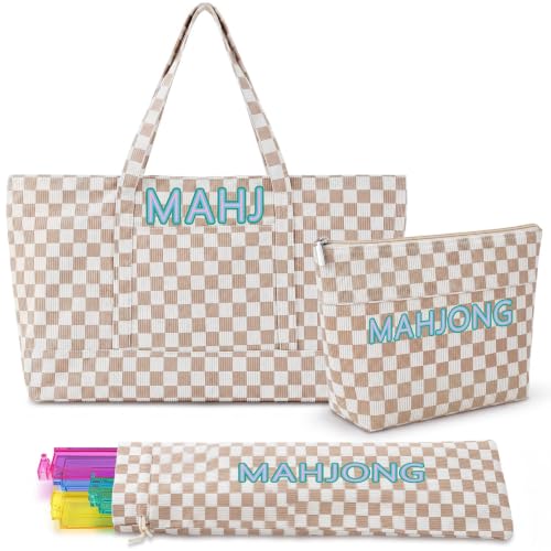 Geetery Empty Corduroy Mahjong Bag Set for Tiles and Racks Mahjong Carrying Bag Tote Organizer with 4 Storage Compartments for Mat Card Pusher Card Game Storage Gifts Accessories(Plaid,Khaki) - color: Khaki, style: Plaid
