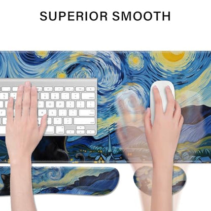 Desk Pad and Keyboard Wrist Rest, Large Mouse Pad + Keyboard Pad+Mouse Wrist Support, Non-Slip Desk Mat Protector for Office, Home 31.5×11.8 Inches Starry Night Cat - color: Starry Night Cat