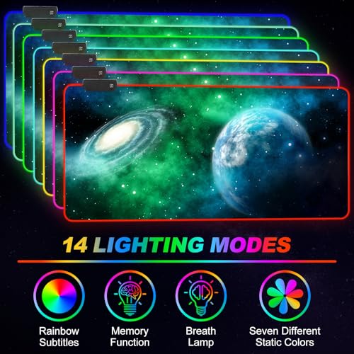 Large RGB Gaming Mouse Pad, Led Big Mouse mat with 14 Light Modes, Extended Soft Computer Keyboard Mat Non-Slip Rubber Base, Green Planet Nebula - color: Green Planet Nebula