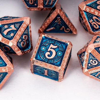 7-Piece Metal Dice Set Metallic Polyhedral DND Dice Set | Mayan-Themed Zinc Alloy Compatible with Dungeons and Dragons Tabletop Gaming, Gift, and Collecting - color: Mayan-themed-copper Blue