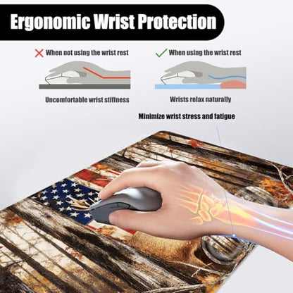 Mouse Pad,Large Desk Mat Set, 4in1 XL Mousepad + Keyboard Wrist Rest+Mouse Wrist Rest+Coaster with Ergonomic Desk Pad for Home Office Table Computer Cover -American Flag and Deer - color: American Flag and Deer