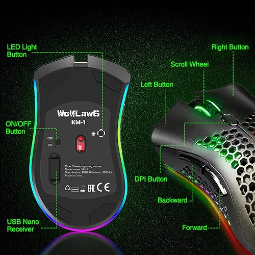 WolfLawS KM-1 RGB Wireless Gaming Mouse with Honeycomb Shell Computer Mouse | 2.4G USB Receiver, 6 Buttons, 3 Adjustable DPI, Rechargeable Ergonomic Mouse for PC Mac Laptop