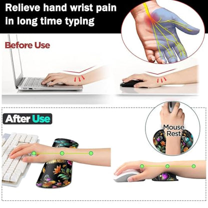 Large Gaming Mouse Pad+ Keyboard Wrist Rest Set, Ergonomics Memory Foam Mouse Mat Wrist Rest Support, Waterproof Extended Mousepad 31.5x11.8in, Colorful Butterflies and Flowers Desk Pad - color: Yvb-mousepad-9-f-170