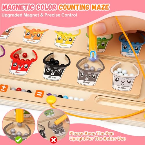 2 IN 1 Magnetic Color and Number Maze, Montessori Toys with Drawing Board for 3 4 5 Year Old, Wooden Magnet Balls Puzzles, Learning Educational Toys for Kids Toddlers Boys Girls Christmas Birthday