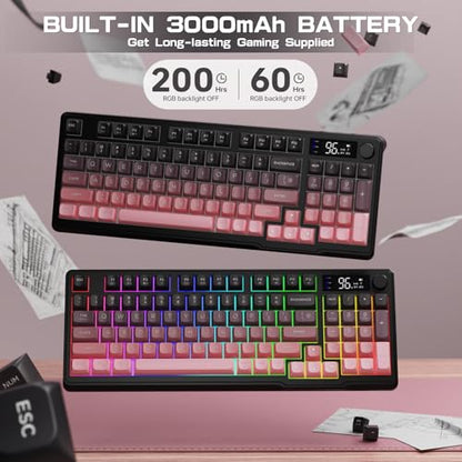 LexonElec M96 Wireless Keyboard, Low Profile Quiet Typing Membrane Gaming Keyboard with Smart Display & Knob, RGB Backlit, USB C Rechargeable, 94 Keys PBT Keycap for Windows PC, Mac, Linux-BlackBerry - color: Blackberry
