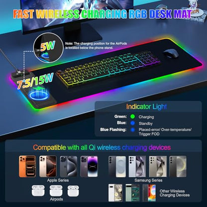 Mouse Pad with Foldable Phone Holder & Wireless Charger, XL RGB Gaming Mousepad 31.5"x11.8" Large Desk Mat for Keyboard, Home Desk Pad with Dual Qi Charging Station | 11 Colors & 5 Modes | Waterproof - color: 31.5x11.81"Phone Stand-Black
