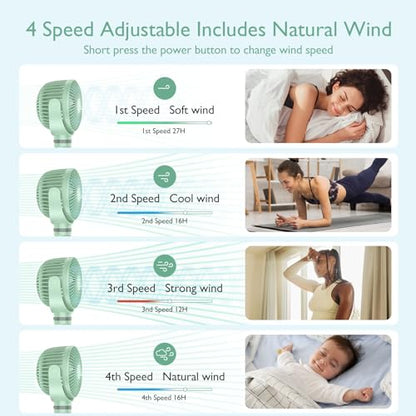 Momcozy 8000mAh Portable Stroller Fan, 27H Ultra-long Battery Life Detachable 4 Speed 360°Rotate LED Night Light with 2 Modes, USB Rechargeable Handheld Cooling Fan for Travel/Car Seat/Bedroom - color: Green