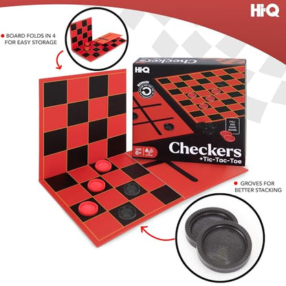 HI-Q Checkers & Tic-Tac-Toe Board Game Set – Classic Strategy for Kids & Family – Features Interlocking Stacking Pieces & Folding Board – Ages 6+