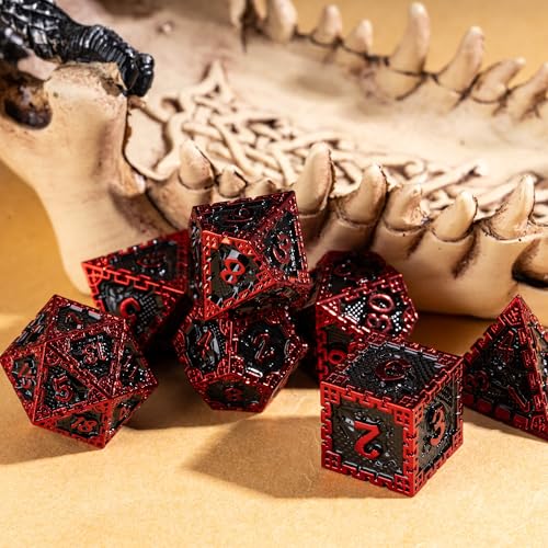 UDIXI Metal DND Dice Set, Metal Dice Set D&D for Tabletop Games (Black Red) | 7-Pieces, Dragon Carved, Chain-edge Design, Metal Gift Box, DM Gift, for Dungeons and Dragons Role Playing Games - color: Chain Frame-red Black