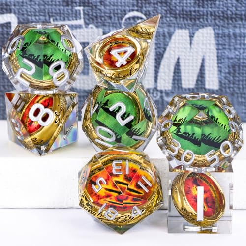 Magic Golden Ring DND Dice Set Sharp Edge Red Gaze Eye Resin Dice with Box, for use with RPG D&D Tabletop Games Lord D and D Polyhedral Dice Set - color: Ring -Eye-silver Numbers