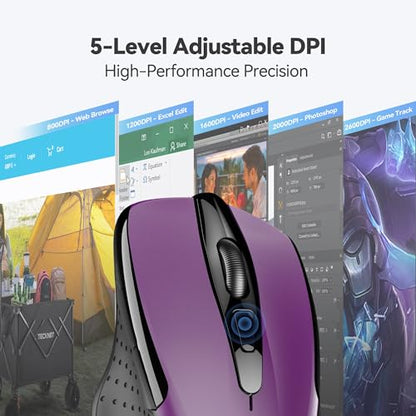 TECKNET Wireless Mouse, 2.4G Ergonomic Computer Mouse, 2600 DPI, Purple | Ergonomic Design with Side Grips, Adjustable DPI, 2-Year Battery, Compact Size, USB-A Plug & Play, Wide OS Compatibility - color: Purple