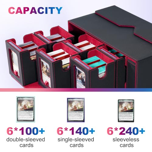 UAONO MTG Commander Deck Box, 6-Deck Modular TCG Deck Case with Dice Tray | Hold 600+ Double-sleeved Cards, Modular Card Deck Box with 35PT Magnetic Card Holder for Magic the Gathering Black Red - color: Black Red