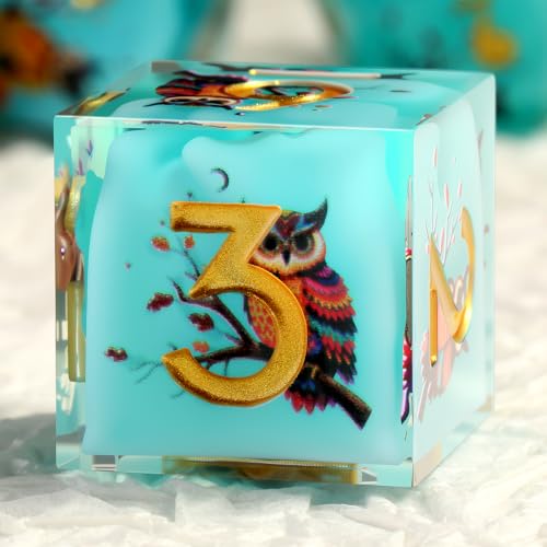 DNDND Owl Aqua Blue Translucent Resin Dice Set - 7-Piece Sharp Edge RPG Dice for D&D with Stickers, Handcrafted Premium Metal Case Gift - color: Owl