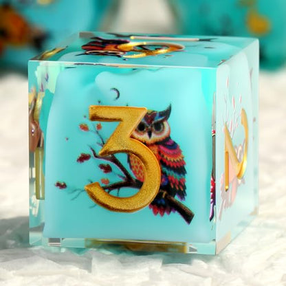 DNDND Owl Aqua Blue Translucent Resin Dice Set - 7-Piece Sharp Edge RPG Dice for D&D with Stickers, Handcrafted Premium Metal Case Gift - color: Owl