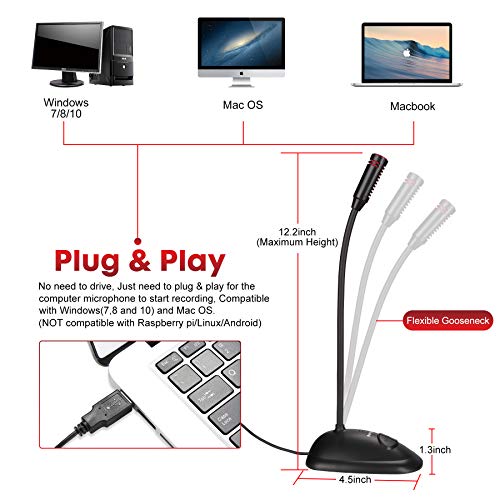 Perrycom USB Computer Microphone, Plug&Play Cardioid Condenser PC Laptop Mic, On/Off and Mute Buttons with LED Indicator, Compatible with Windows/Mac, Ideal for YouTube,Zoom,Recording,Games (6ft)