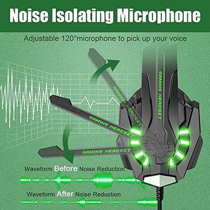 BENGOO G9000 Stereo Gaming Headset for PS4 PC Xbox One PS5 Controller, Noise Cancelling Over Ear Headphones with Mic, LED Light, Bass Surround, Soft Memory Earmuffs for Laptop Mac - Green - color: Green