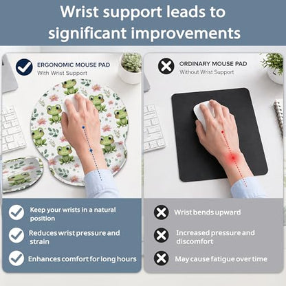 Cute Frog Wrist Rest Mouse Pad and Keyboard Support Set,Lotus Flower 3 in 1 Ergonomic Memory Foam Mousepad with Non Slip Base, Gaming Mouse Pad for Office and Home - color: Cute Frog Lotus Flower
