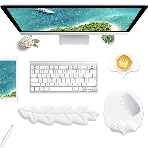Keyboard Wrist Rest and Mouse Pad with Wrist Support Set, Ergonomic Leaf Shape Mouse Pad with Non-Slip Base, Pain Relief Memory Foam Mousepad for Computer,Laptop,Home Office, White - color: White