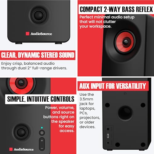 Audiosource Desktop PC Speakers with Bluetooth 5.3, USB-C Plug & Play, 2.0 Stereo Computer Speakers with Dual 2" Drivers, Compact Design, AUX Input, LED Indicator (Black) - color: Black