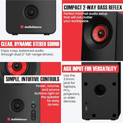 Audiosource Desktop PC Speakers with Bluetooth 5.3, USB-C Plug & Play, 2.0 Stereo Computer Speakers with Dual 2" Drivers, Compact Design, AUX Input, LED Indicator (Black) - color: Black