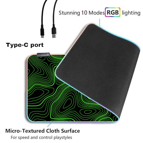 RGB Mouse Pad LED Desk Mat Large Gaming Mousepad Black and Green Line Design, Keyboard Pad XL Mouse Mat for Home and Office - color: Black With Green Topographic Line