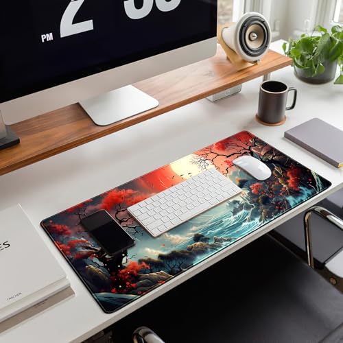 Japanese Desk Mat Extended Gaming Mousepad Japan Large Mouse Pad XL Oceanic Passage Aesthetic Desk Pad Keyboard Mat Laptop Desktop Mouse Mat 31.5''X11.8'' Deskmat with Stitched Edges - color: Oceanic Passage