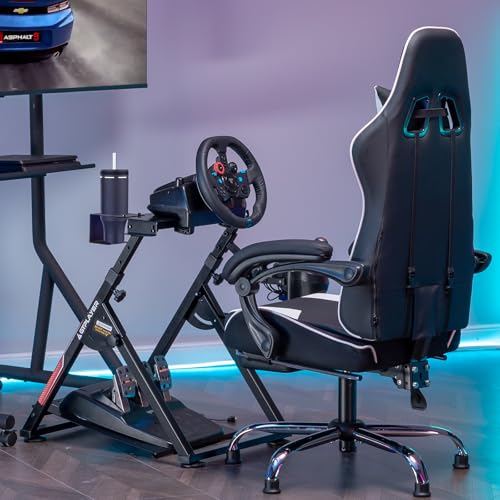GTPLAYER Sim Racing Wheel Stand Simulator Cockpit Wheel Stand fit for Logitech G25 G27 G29 G920 G923 Thrustmaster T330TS Gaming Stand Wheel Pedals NOT Included, Deep Black With Cup Holder - color: Deep Black