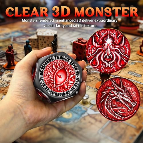 ZHOORQI 8-in-1 DND Dice Set – Metal Spinner Dice with Dual D20, 3D Monster Engravings & Smooth Spinning – Perfect for TTRPG, D and D Dungeons and Dragons Gifts (Black Dice-Red) - color: Black Red