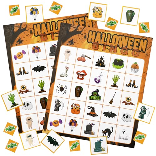 Halloween Bingo Game Cards, 24 Players Halloween Bingo Cards for Halloweens Party Games Gifts Classroom School Family Group Activities Crafts Accessories, Halloweens Indoor Bingos Game - color: Orange
