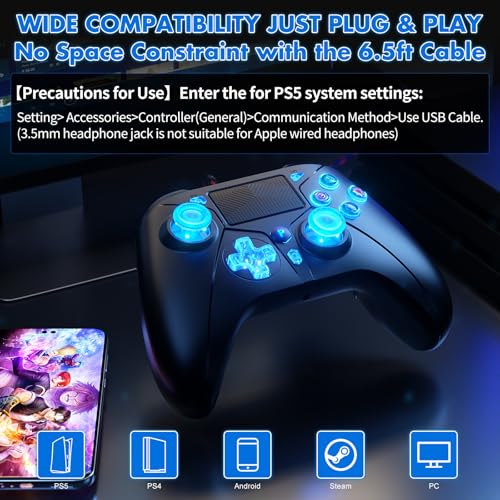 Compatible with PS5 Controller, Wired Controller for PlayStation 5/PS4/PC, Gaming Controllers, Gamepad with Dual Vibration 6-axis Gyroscope Support Turbo Macro Multi Touch Pad 3.5mm Audio Jack - color: led black
