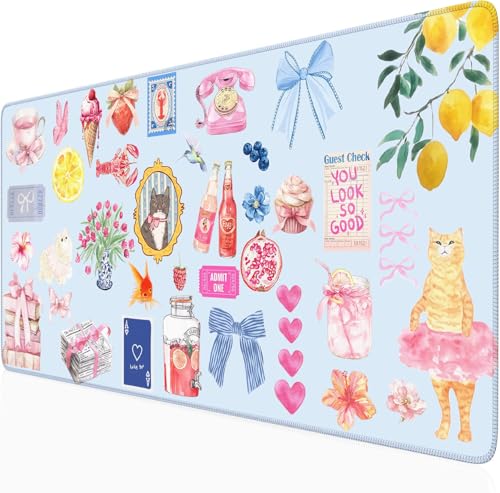 Cute Blue Desk Mat Kawaii Cat Mouse Pad Retro Vintage Large XXL Mousepad Computer Keyboard Laptop Mouse Mat Aesthetic Floral Office Desk Decor for Women Girl - color: A5- Retro Romantic