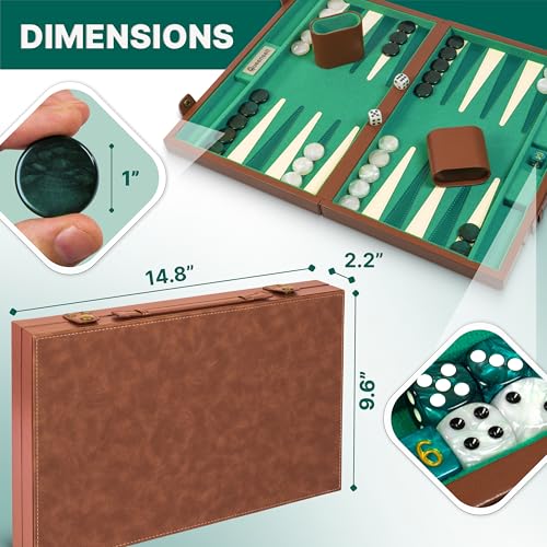 Backgammon Sets for Adults 15 Inch – Premium Faux Suede Leather Backgammon Board Game Set with 32 Chips, Dice Cups & Doubling Cube – Portable Travel Backgammon Set