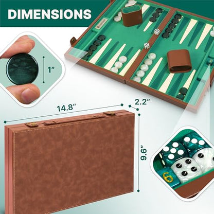 Backgammon Sets for Adults 15 Inch – Premium Faux Suede Leather Backgammon Board Game Set with 32 Chips, Dice Cups & Doubling Cube – Portable Travel Backgammon Set