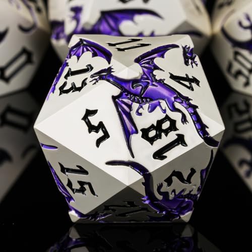 Sharp Edge DND Dragon Dice Set,Metal Polyhedral Dice with Dragon for Dungeons and Dragons RPG TTRPG D&D 7-Die Set with Gift Case Pearl Silver Transparent Purple - color: Dragon-pearl Silver Transparent Purple