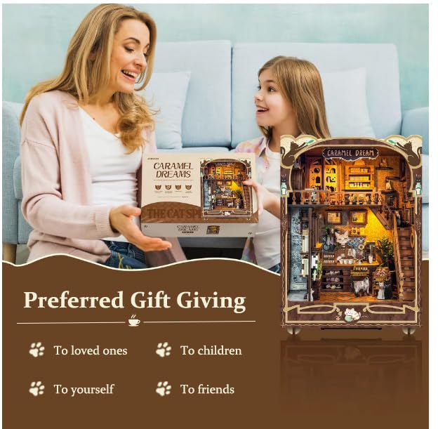 Book nooks DIY Dollhouse Kit for Adults 3D Stereo Assembly Night Light Sensing Wooden Bookend Jigsaw Building Model Gifts for Family,Friends (Caramel Dreams)
