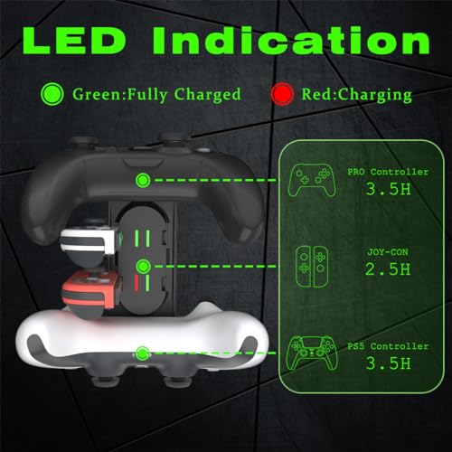 Switch Controller Charger for Nintendo Switch, Charging Dock with JoyCon/Pro / PS5 Controller, Charger Station with LED Indicator and Charger Cable for JoyCons, 6 in 1 Nintendo Charging Dock - size: 80cm