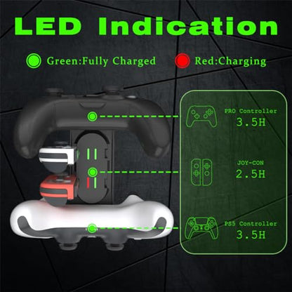 Switch Controller Charger for Nintendo Switch, Charging Dock with JoyCon/Pro / PS5 Controller, Charger Station with LED Indicator and Charger Cable for JoyCons, 6 in 1 Nintendo Charging Dock - size: 80cm