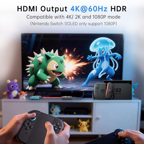 GOPALA Switch 2 Dock, 4k@60Hz for Nintendo Switch 2 Dock for New Version 21.1.0, Plug and Play Switch 2 Portable Dock, 3-in-1 Switch 2 Travel Dock Compatible with Switch 2/Switch 1/OLED/Steam Deck - color: Black+Red