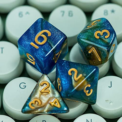7-Die DND Dice Set Polyhedral Dice Set with a Leather Dice Bag, D&D Dice Set for RPG Table Games (Blue Yellow/Glitter) - color: Blue Yellow/Glitter