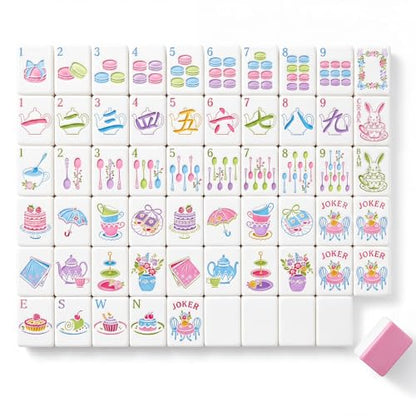 Soulchen 1.2 Inch Pink Tea Party Themed American Mahjong Tiles Set | Complete 168 Pastel Melamine Tiles with Dice Large Tote Bag Portable Pouch for Game Night Travel Vacation Collection Gift