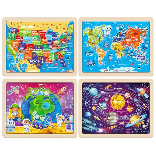 SYNARRY Large US World Earth Solar System Wooden Puzzles for Kids Gift Box(12.2 * 9.4 in), Puzzles for Toddlers 3-5, Wood Puzzles for Kids Ages 4-6, Easter Basket Stuffers Gifts for Kids - style: US World Earth Solar System