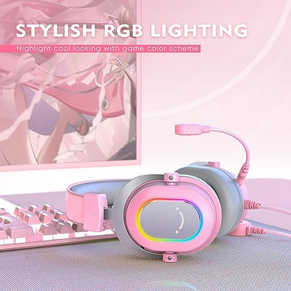 FIFINE H6P Wired Gaming Headset with Noise Canceling Mic for PC,PS4/5 | Large 50mm Drivers, 7.1 Surround Sound, Solid Metal Frame, 3 EQ Modes, Vibrant RGB, USB In-line Control, for gamer/streamers - color: Pink