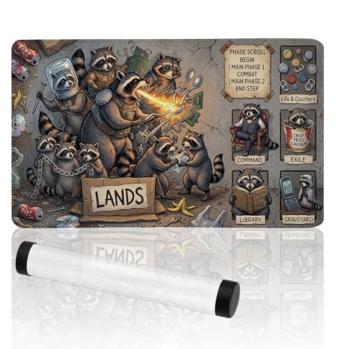 Vintage Cardboard Style MTG Playmat with Zones | 2mm Thick Non-Slip MTG Mat with Stitched Edges | for Trading Card Games, Includes Storage Tube (Whimsical Raccoon) - color: Whimsical Raccoon