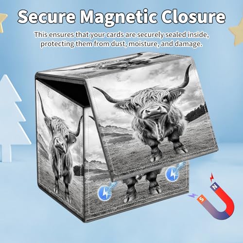 Card Deck Box for MTG Commander,Collectible Trading Storage Box Fits 120+ Single Sleeved Cards Magnetic Case PU Leather for Magic Commander TCG CCG MTG,Black Highland Cow - color: Black Highland Cow
