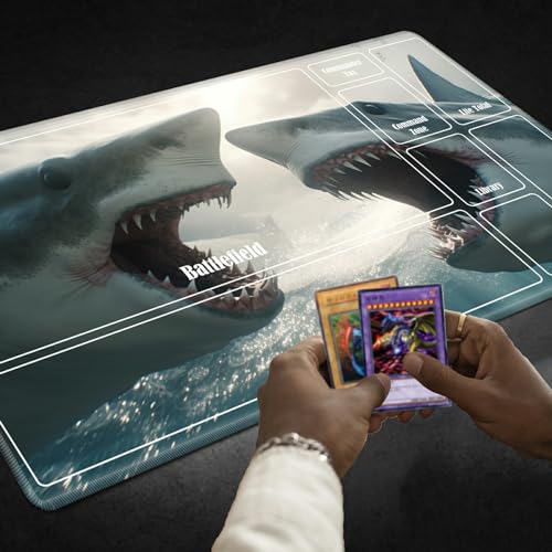 Board Game Mat TCG Playmat Plus 50 Pcs Card Sleeves, 24 x 14 inches Table Mats Games Mousepad with Zones Smooth Surface for MTG RPG CCG Trading Card Game Play Mats, Sharks - color: Sharks, size: Zone 1