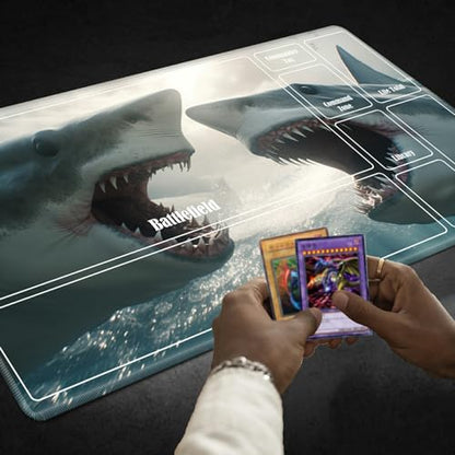 Board Game Mat TCG Playmat Plus 50 Pcs Card Sleeves, 24 x 14 inches Table Mats Games Mousepad with Zones Smooth Surface for MTG RPG CCG Trading Card Game Play Mats, Sharks - color: Sharks, size: Zone 1