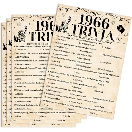 30Pcs 60th Birthday Party Games 1966 Trivia Game Fun Back in 1966 Games Double-Sided Game Cards Vintage 60th Birthday Party Supplies for 60 Year Old Woman Man Anniversary Class Reunion Gifts - size: 60-1966, style: Trivia