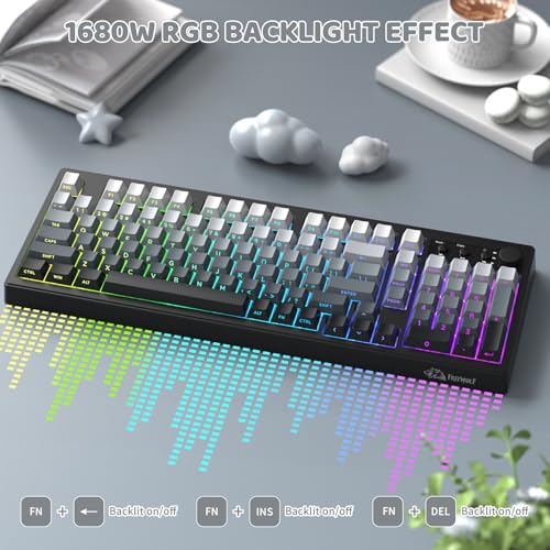 FREEWOLF K100 99 Keys Gaming Creamy Silent Wireless Keyboard with Media Knob,BT/2.4GHz/USB-C,Side Printed Keys RGB Backlit Number Pad,Retro Cute Membrane Computer Keyboard for PC/MAC-Gradient Black - color: Gradient Black